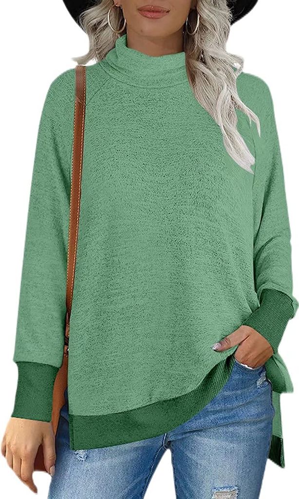 ASKSA Damen Rollkragen Sweatshirts Color Block Seitenschlitz Bluse Lässige Winter Langarmshirt, Grün, L