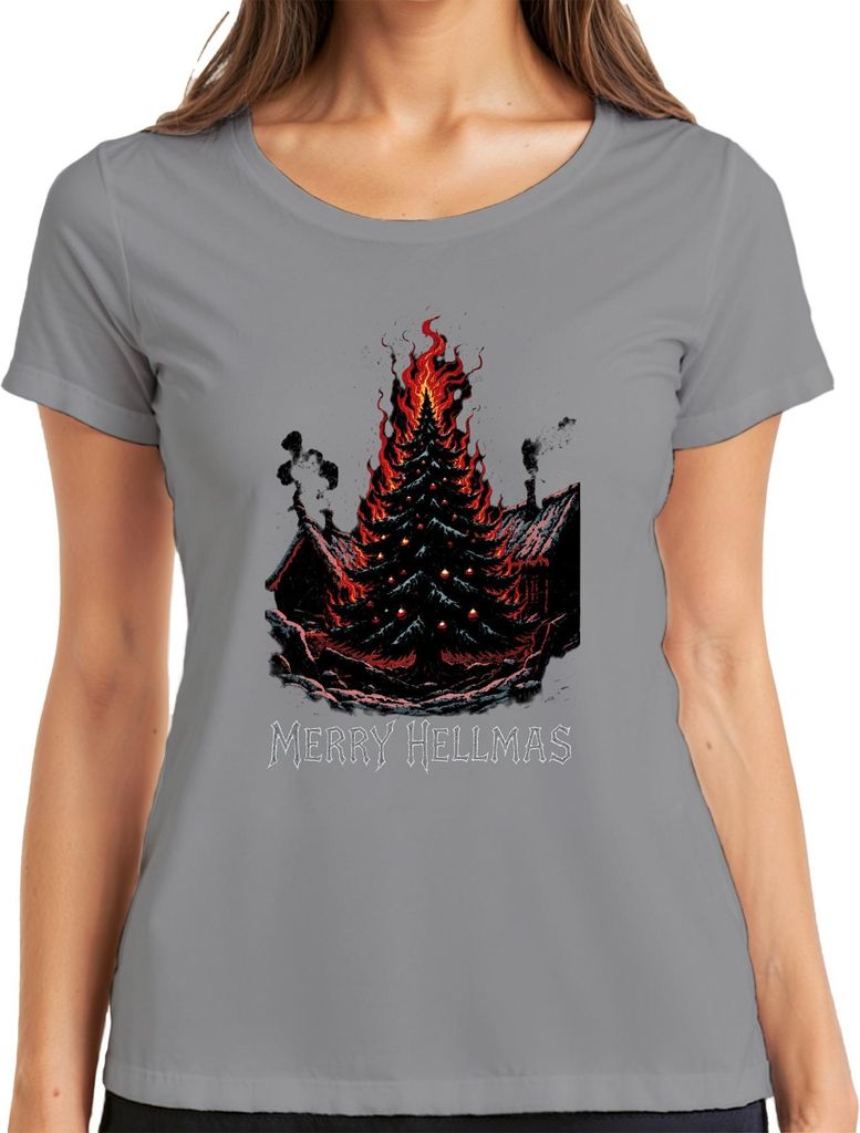 Merry Hellmas brennender Weihnachtsbaum Feuer düster Gothic Damen T-Shirt, Grau, 3XL