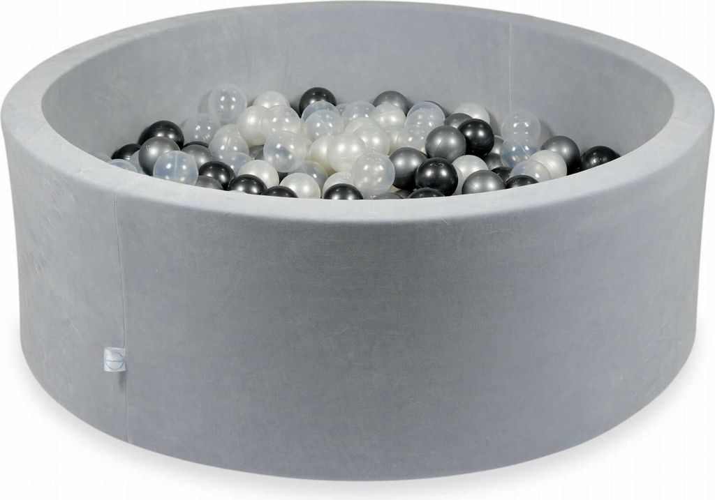 Bällebad 110x40cm Velvet Soft Hellgrau – Mit 500 Bällen / Perlmutt, Transparent, Graphit Metallic, Silber