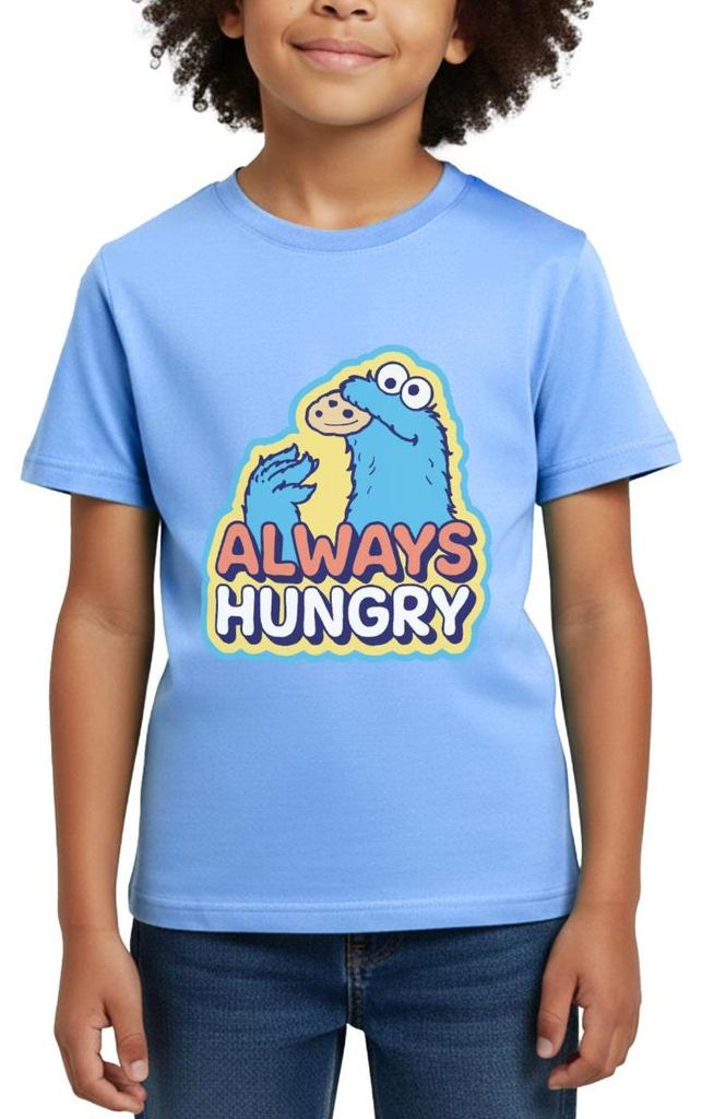 Spreadshirt Sesamstraße Krümelmonster Design Always Hungry Kinder T-Shirt, 122/128 (7-8 Jahre), Himmelblau