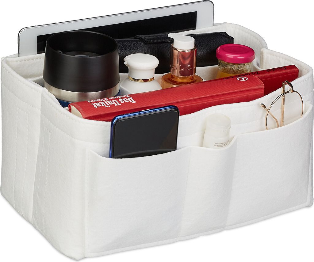 Relaxdays Taschenorganizer Handtasche, Filz, viele Fächer, entnehmbarer Trenner, Handtaschenorganisator, Größe S, weiß