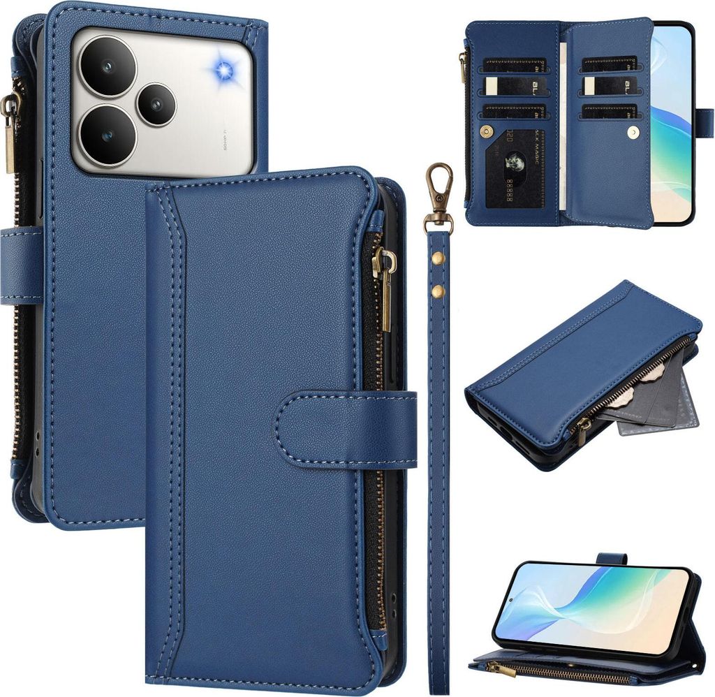 Handyhülle für Realme P4 Reißverschluss Geldbörse Kunstleder Klapphülle mit Kartensteckplatz, Ständer, Handschlaufe Dunkelblau
