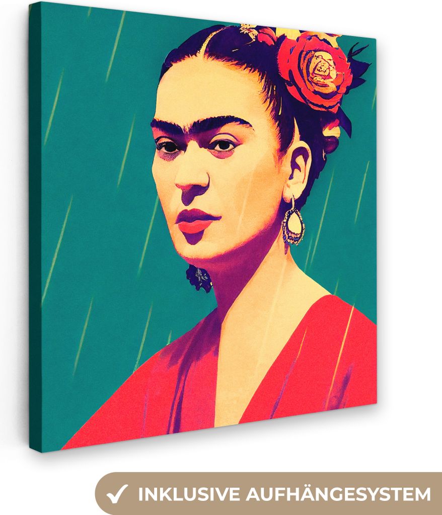 MuchoWow - Leinwandbilder - Porträt - Frida Kahlo - Frau - Vintage - Rot, Wandbild, Wanddeko Bilder Wohnzimmer, 20x20 cm