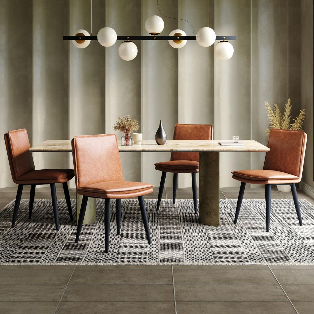 A dining room set with chairs around a table, under a modern chandelier.