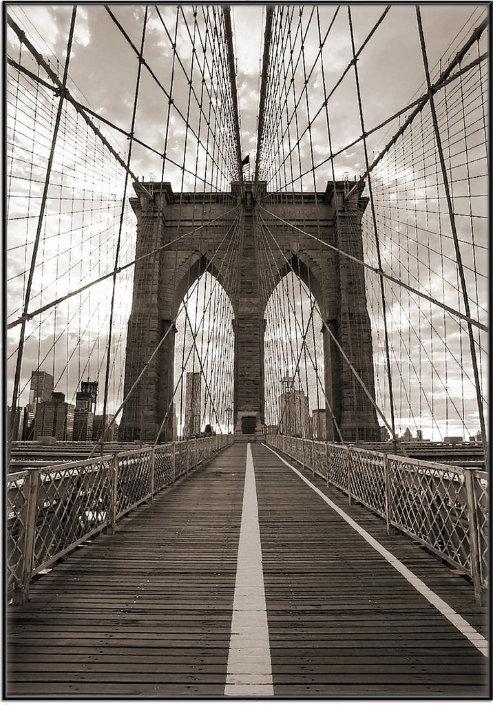 Wallario Wandbild Brooklyn Bridge in New York, Größe: 70,30 x 100,30 cm, Poster mit schwarzem Aluminiumrahmen