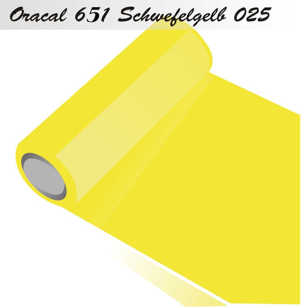 Oracal 651 - Orafol Folie 10m (Laufmeter) freie Farbwahl 55 glänzende Farben - glanz in 4 Größen, 126 cm Folienhöhe - Farbe 25 - schwefelgelb