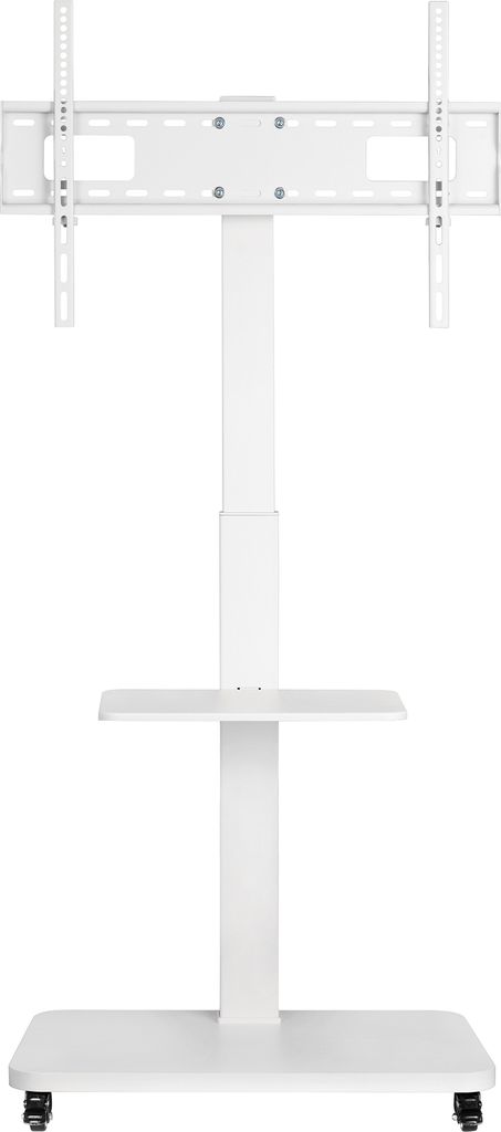 A white TV stand with wheels and a shelf.