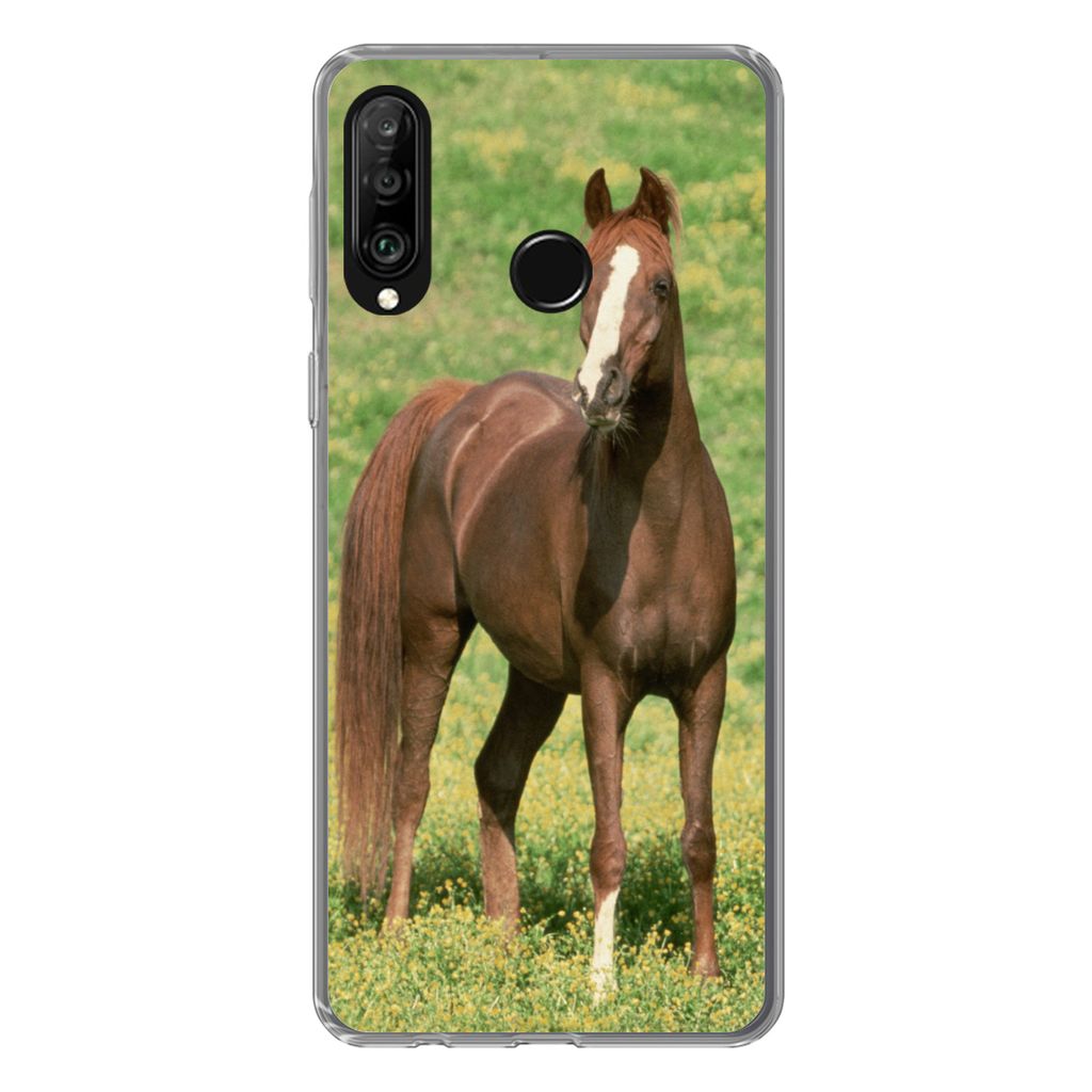 MuchoWow Handyhülle Schutzhülle Hülle für Huawei P30 Lite Pferde - Gras - Braun Silikon Softcase Handy Hülle - Handyhülle
