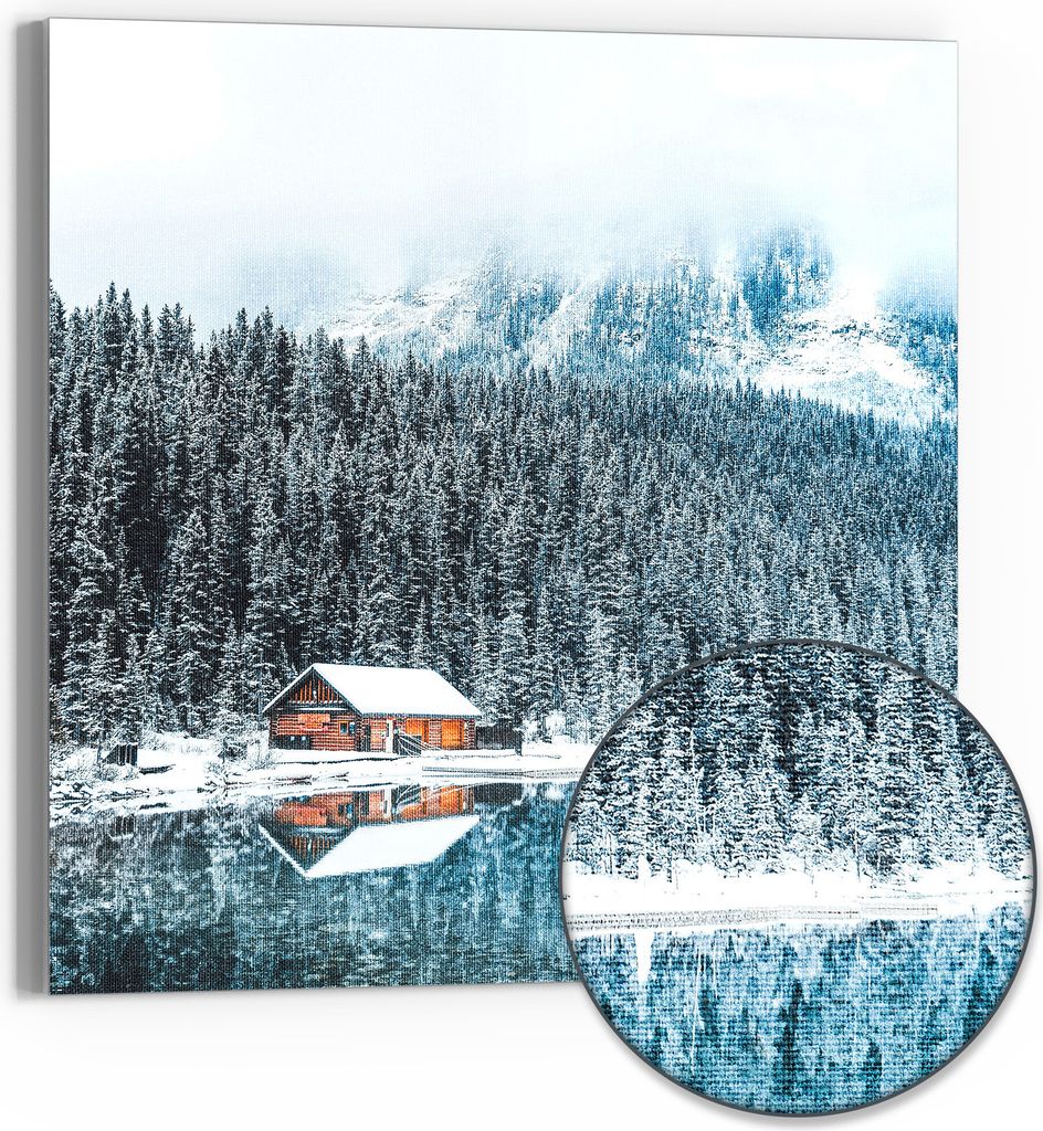 DEQOART Hybrid Leinwand Bild 50x50 cm 'Winterzauber am See' Wandbild Glas flach modern