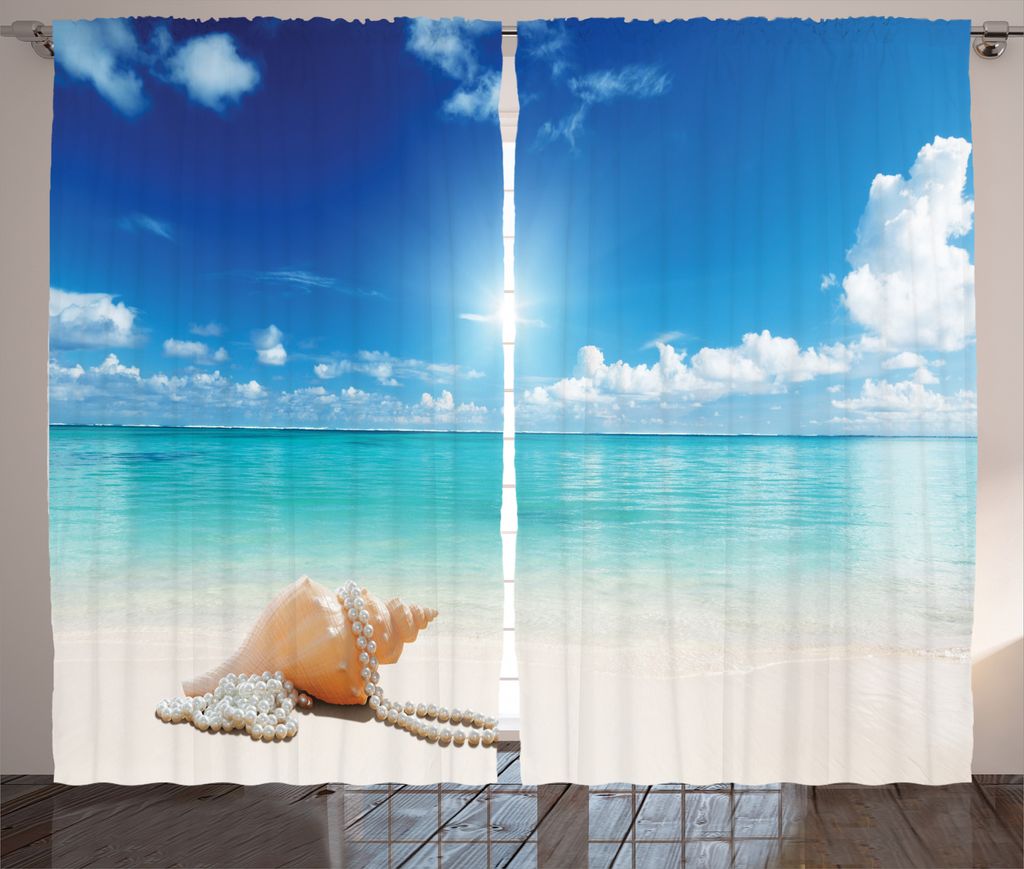 ABAKUHAUS Ozean Rustikaler Gardine, Muscheln Tropical Beach, Schlafzimmer Kräuselband Vorhang mit Schlaufen und Haken, 280 x 175 cm, Türkis Creme