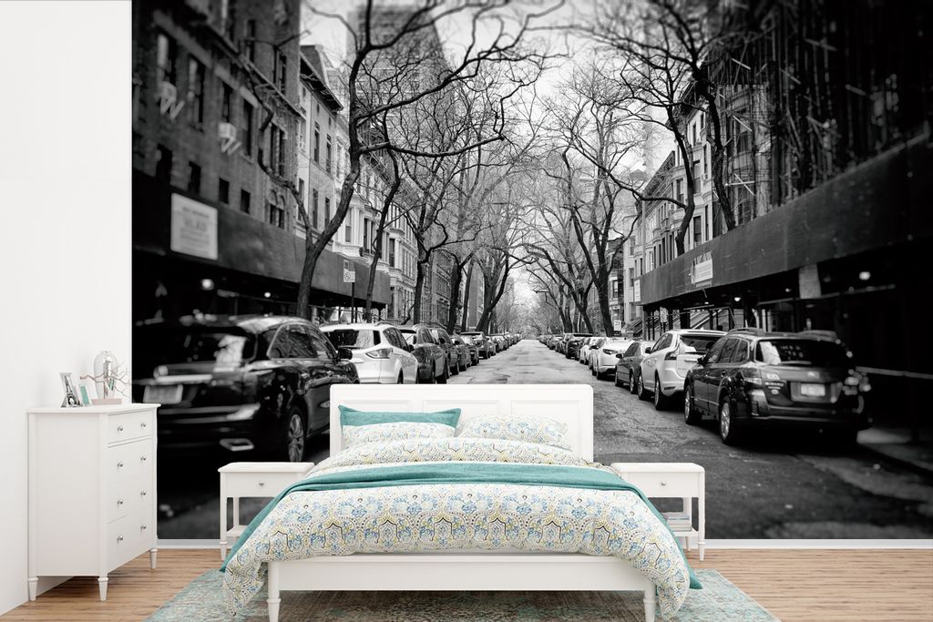 MuchoWow Fototapete für Wohnzimmer oder Schlafzimmer Wandtapete Vinyl Motivtapete Geparkte Autos in New York - schwarz und weiß - 330x220 cm - ...