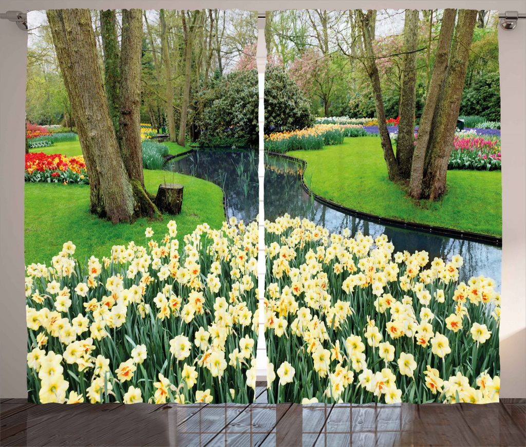 ABAKUHAUS Frühling Rustikaler Vorhang, Flower Garden Grass Park, Wohnzimmer Universalband Gardinen mit Schlaufen und Haken, 280 x 245 cm, Grün un...