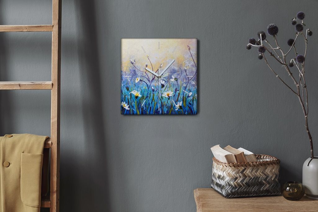 Coloray Hodiny Unikátní 30x30 cm Tiché hodiny Pro obývací pokoj a kuchyň Nástěnné hodiny Plátno Bílé ručičky hodin - Malování květin