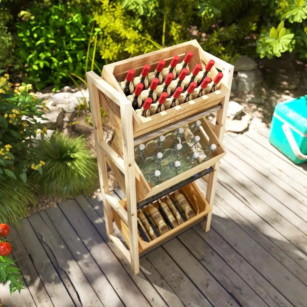 Fortuna Lai Scaffale per 3 casse di bevande Scaffale per bevande in legno Scaffale a 3 ripiani indipendente Supporto per casse di bevande con portata 150 kg Scaffale per birra, acqua 56 x 32 x 112 cm Legno naturale - 8