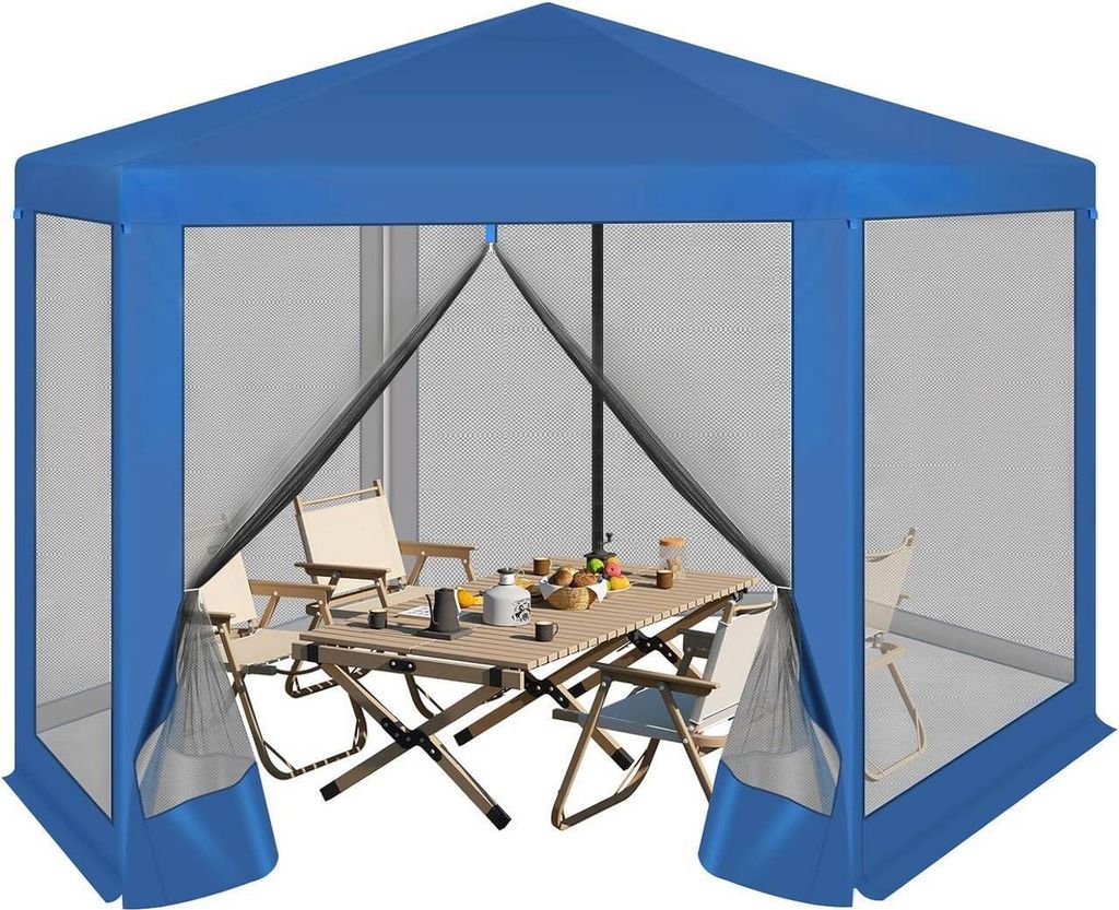 A blue hexagonal gazebo with mesh walls is set up, containing a table and chairs.
