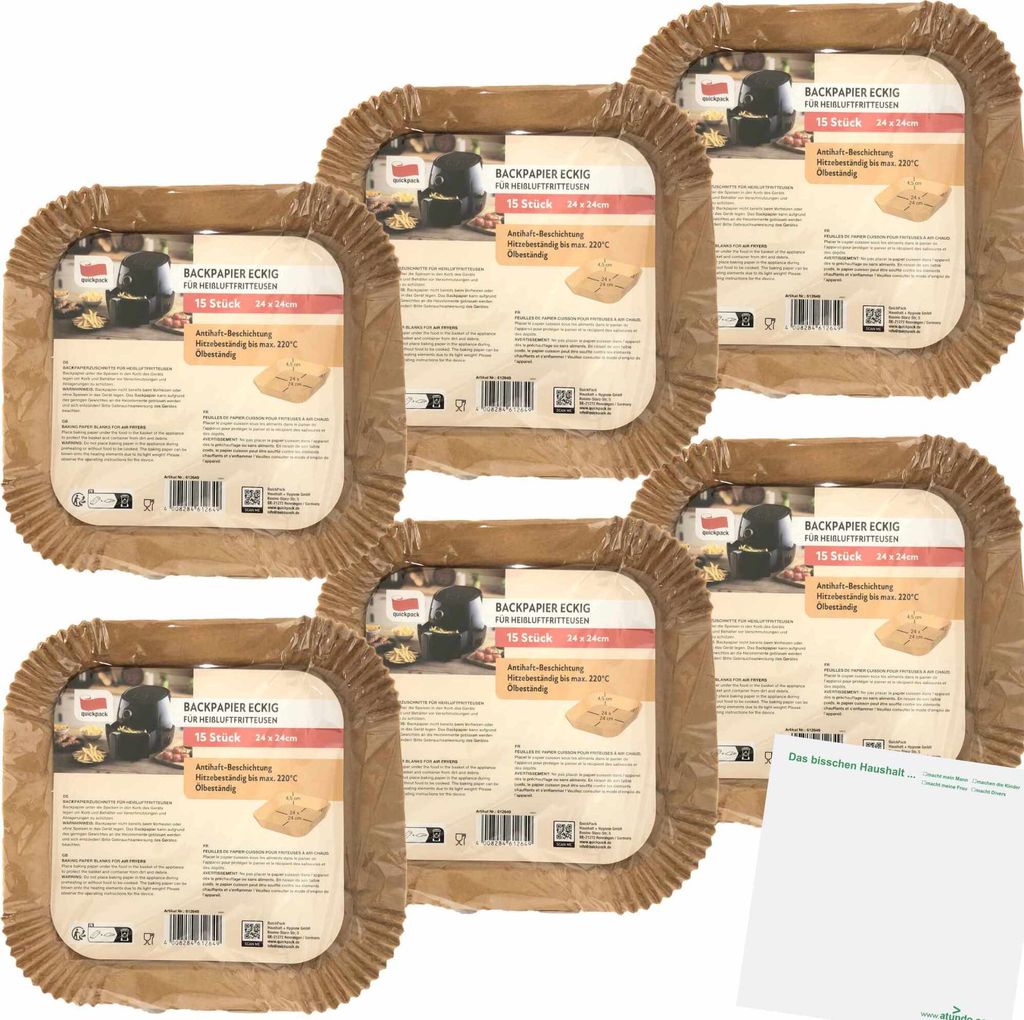 Quickpack Backpapier Eckig für Heissluftfritteuse 6er Pack (6x Packung mit 15Stk, 24x24cm) + usy Block