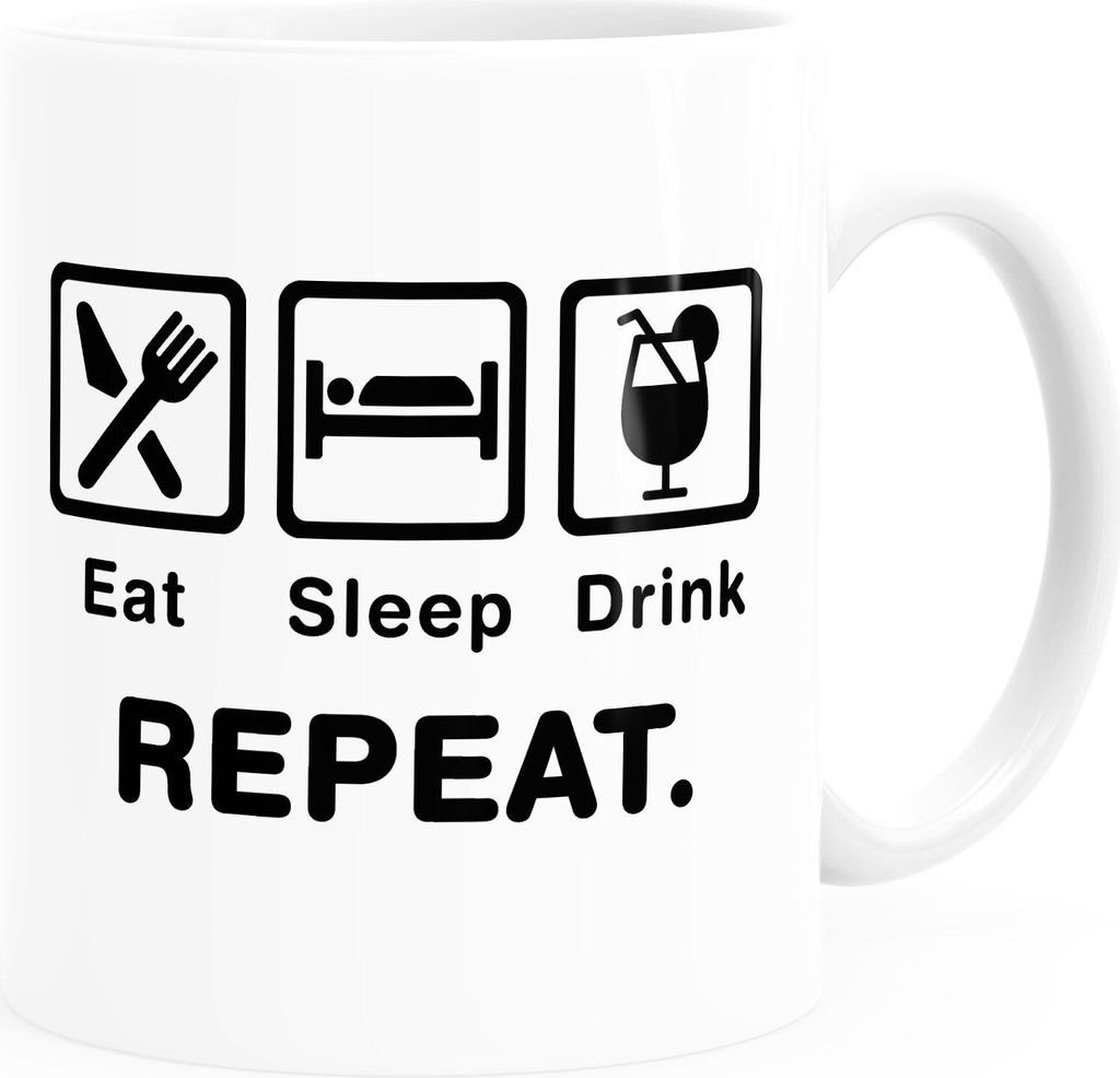 Kaffee-Tasse mit Spruch Eat Sleep Repeat Mega Mix Bürotasse lustige Geschenke Kaffeebecher MoonWorks Drink weiß Keramik-Tasse