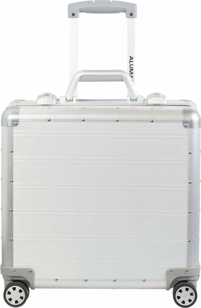 A silver trolley suitcase with a retractable handle and wheels, shown from the front on a white background.