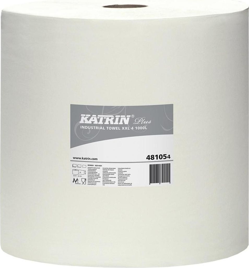 A roll of white industrial paper towels with a label on the front.