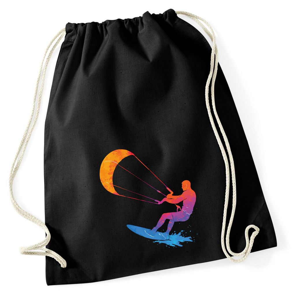 Huuraa Turnbeutel Kitesurfen bunte Silhouette 12 Liter Black Baumwolle Rucksack Geschenkidee