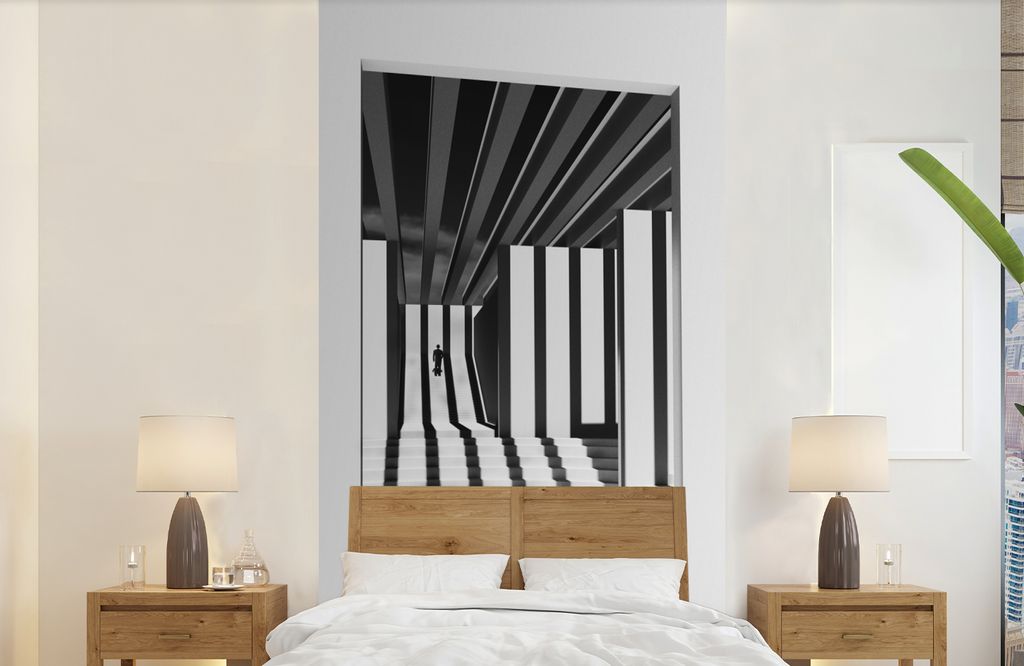 MuchoWow Fototapete für Wohnzimmer oder Schlafzimmer Wandtapete Vinyl Motivtapete Tür - Schatten - Weiß - Linien - 120x240 cm - Hintergrundbild