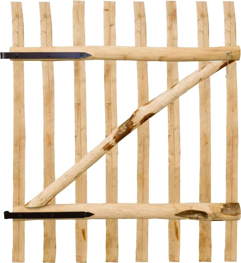 A wooden garden gate with a diagonal support beam and black hinges, presented against a white background.