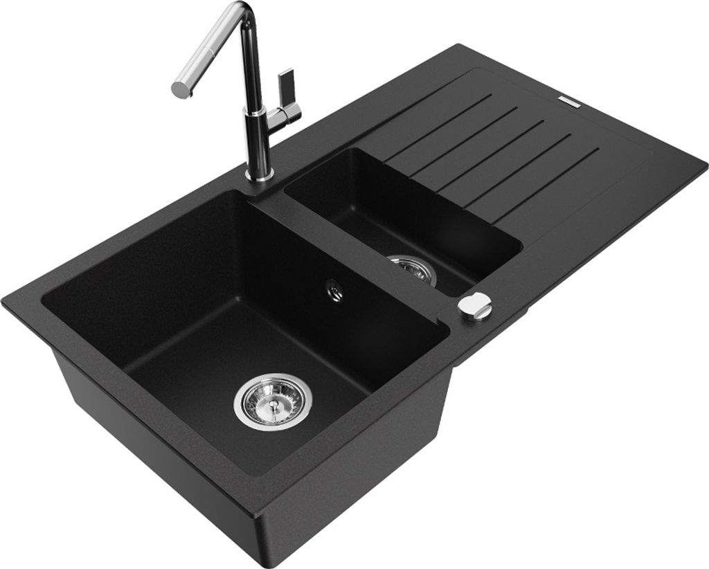 Mexen Matias 1,5-Becken-Granitspüle mit Abtropffläche und Mischbatterie Flora, Schwarz - 6502-77-670401-00