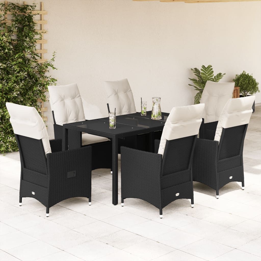 "Rabatt" 7-tlg. Garten-Essgruppe - mit tishe & Stuhl - mit Kissen Schwarz Poly Rattan - Lounge-Dining set CC10759