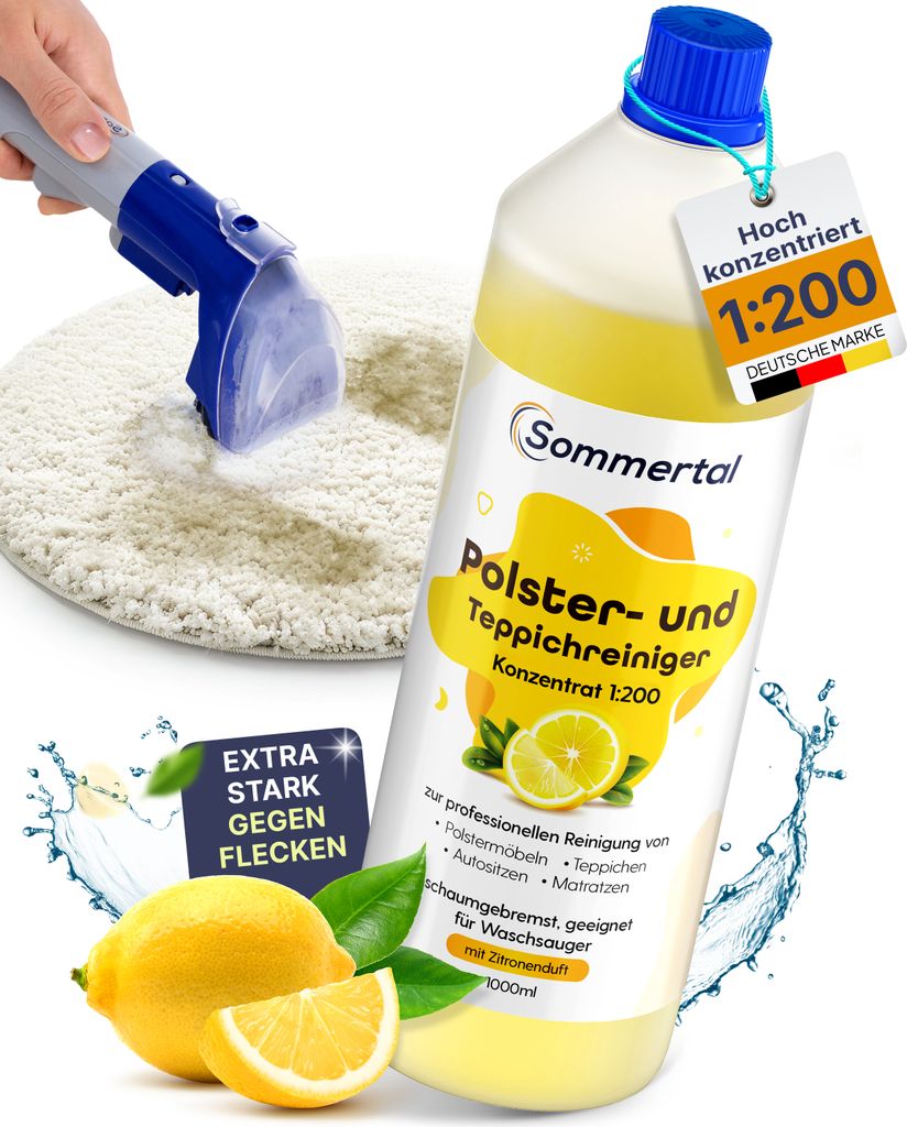 A bottle of cleaning concentrate is shown next to lemons and a cleaning tool on a rug.
