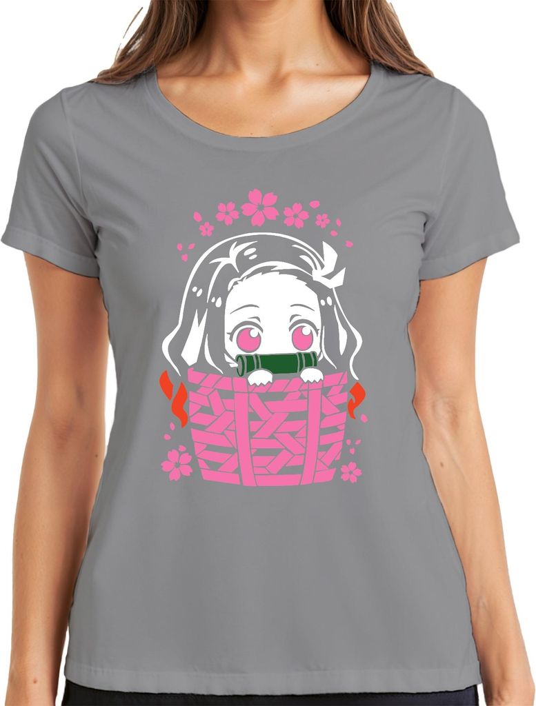 Nezuko Kimetsu No Yaiba Anime Kawaii Bambus Korb Sakura Geschenk Damen T-Shirt, Grau, S