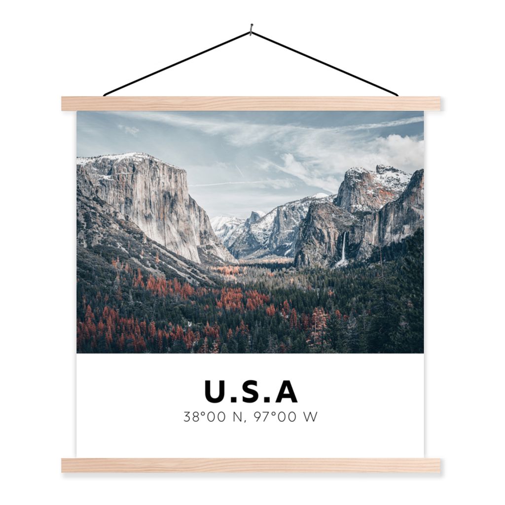 MuchoWow Textilposter Amerika - Yosemite - Berge - Wald 40x40 cm mit holzfarbenen Rahmen - Posterleiste