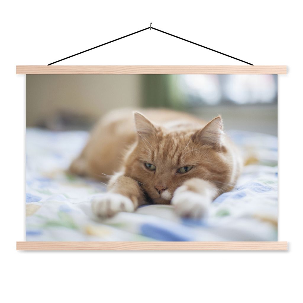 MuchoWow Textilposter Katze - Bett - Tagesdecke - Mädchen - Kinder - Kinder - Kind 60x40 cm mit holzfarbenen Rahmen - Bilder