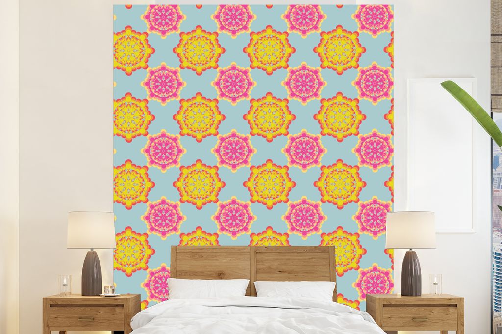 MuchoWow Fototapete für Wohnzimmer oder Schlafzimmer Wandtapete Vinyl Motivtapete Flower Power - Design - Hippie - 180x220 cm - Tapezierpapier