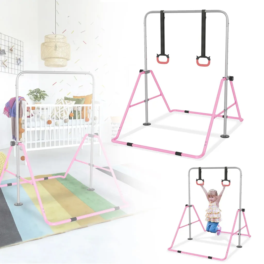 Barres de gymnastique LZQ rose pour enfants, hauteur réglable et pliable