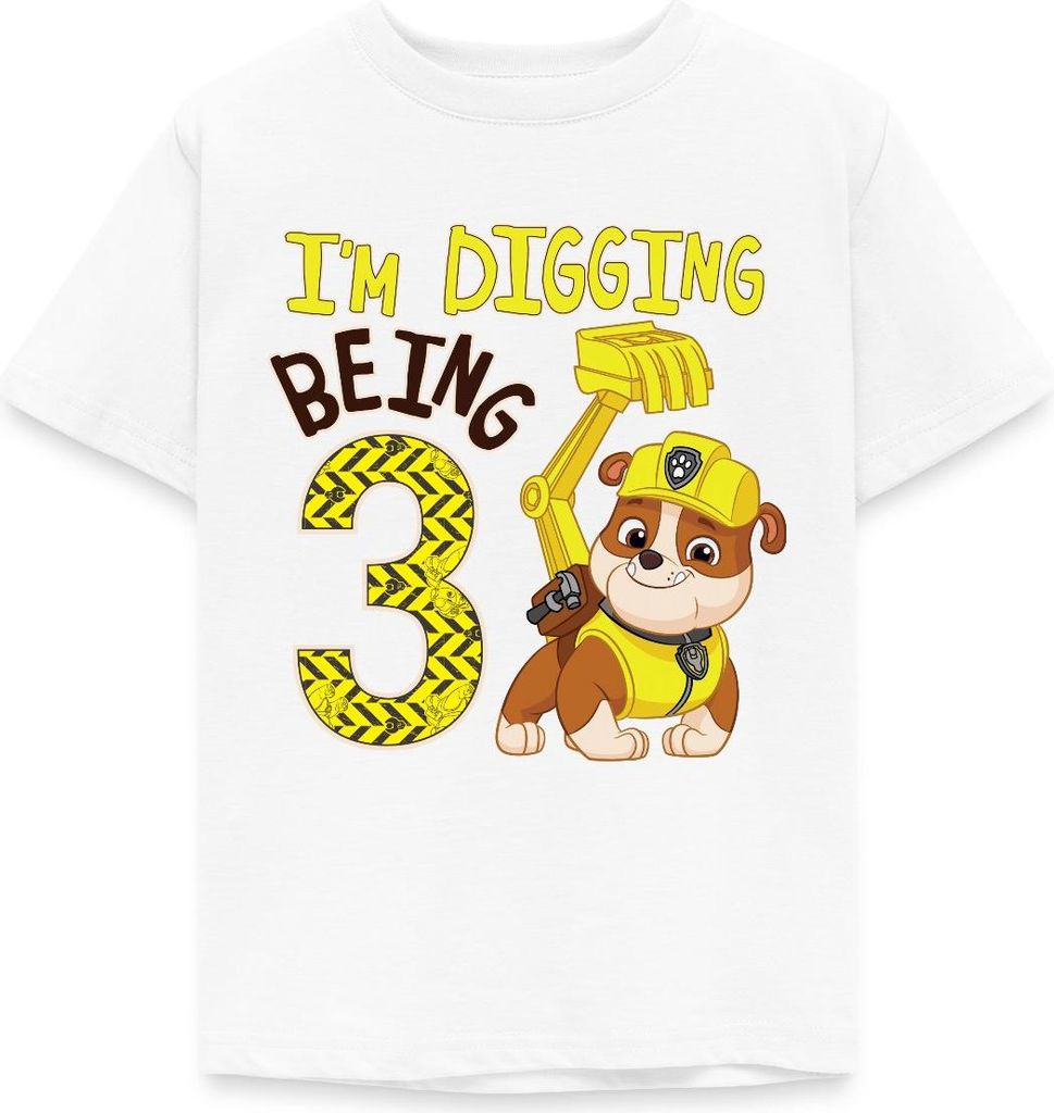 Spreadshirt Paw Patrol Geschenk 3 Jahre Alt Geburtstag Rubble Kinder T-Shirt, 110/116 (5-6 Jahre), Weiß