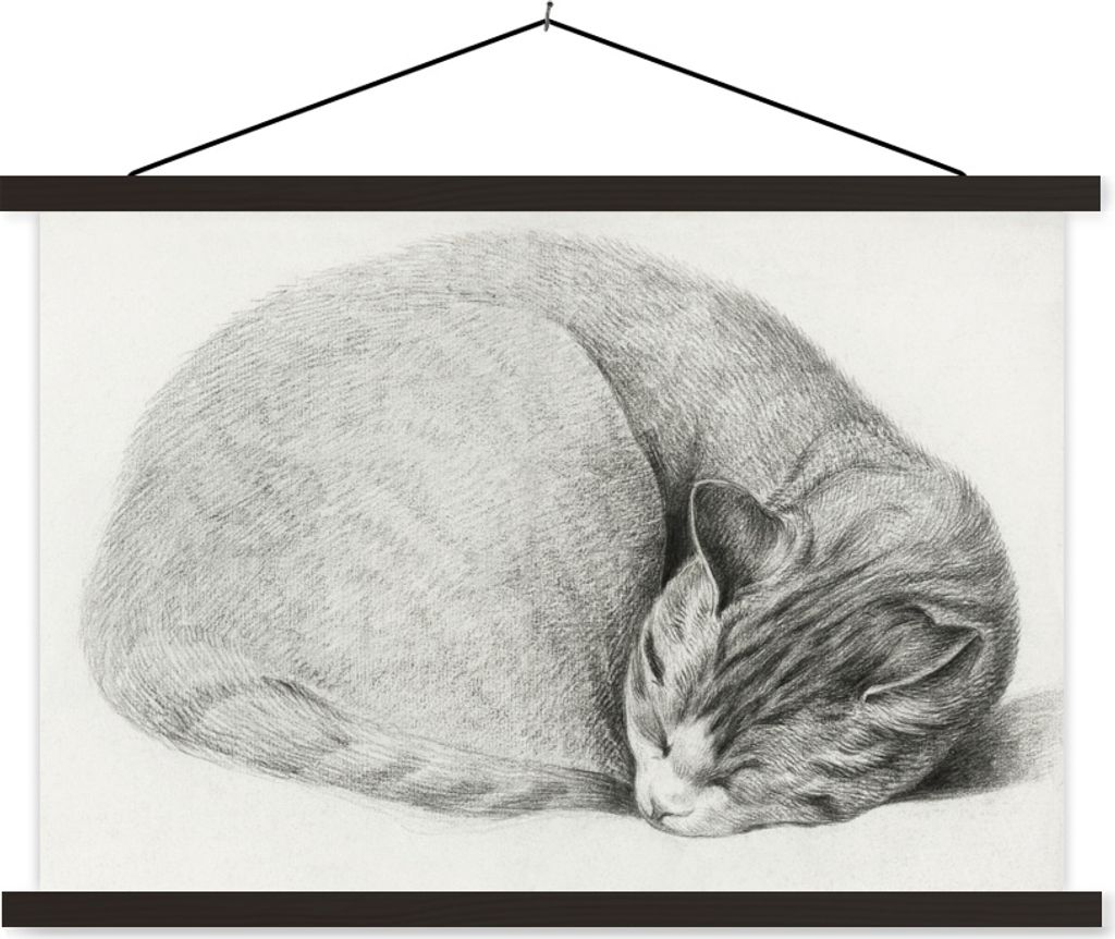 MuchoWow Textilposter Schlafende Katze im Liegen - Gemälde von Jean Bernard 60x40 cm mit schwarzem Rahmen - Hölzernes