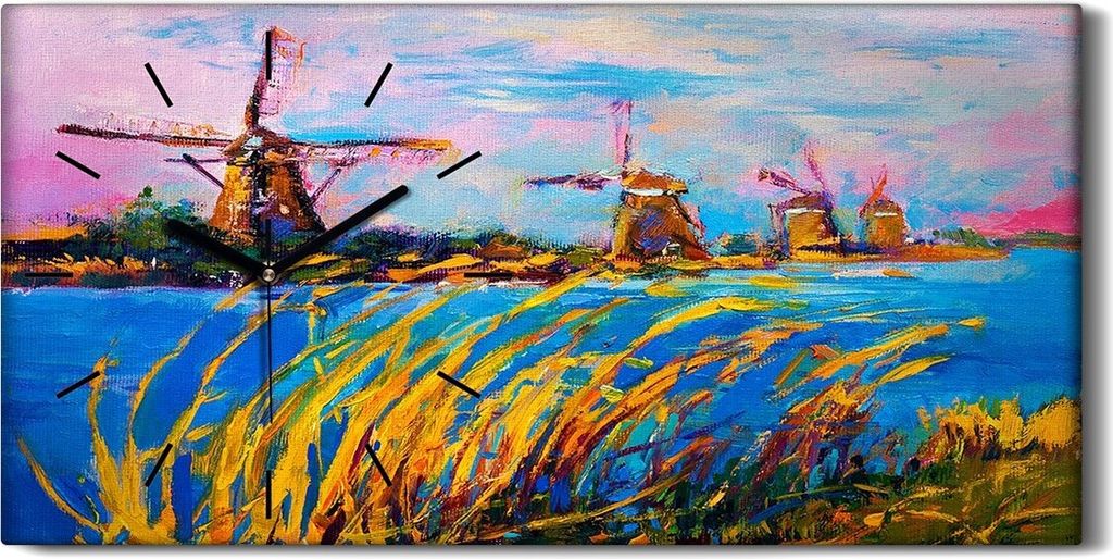 Leinwand Uhr Küche Wohnzimmer Bild 60x30 Windmühlen Wasser Landschafts Natur - schwarze Hände