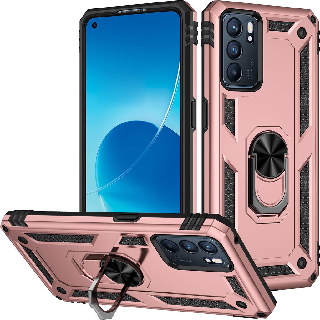 OPPO Reno6 5G Hülle, Dual Layer Robust Militäre Schutzhülle mit Ringhalterung Ständer für OPPO Reno6 5G Rosa