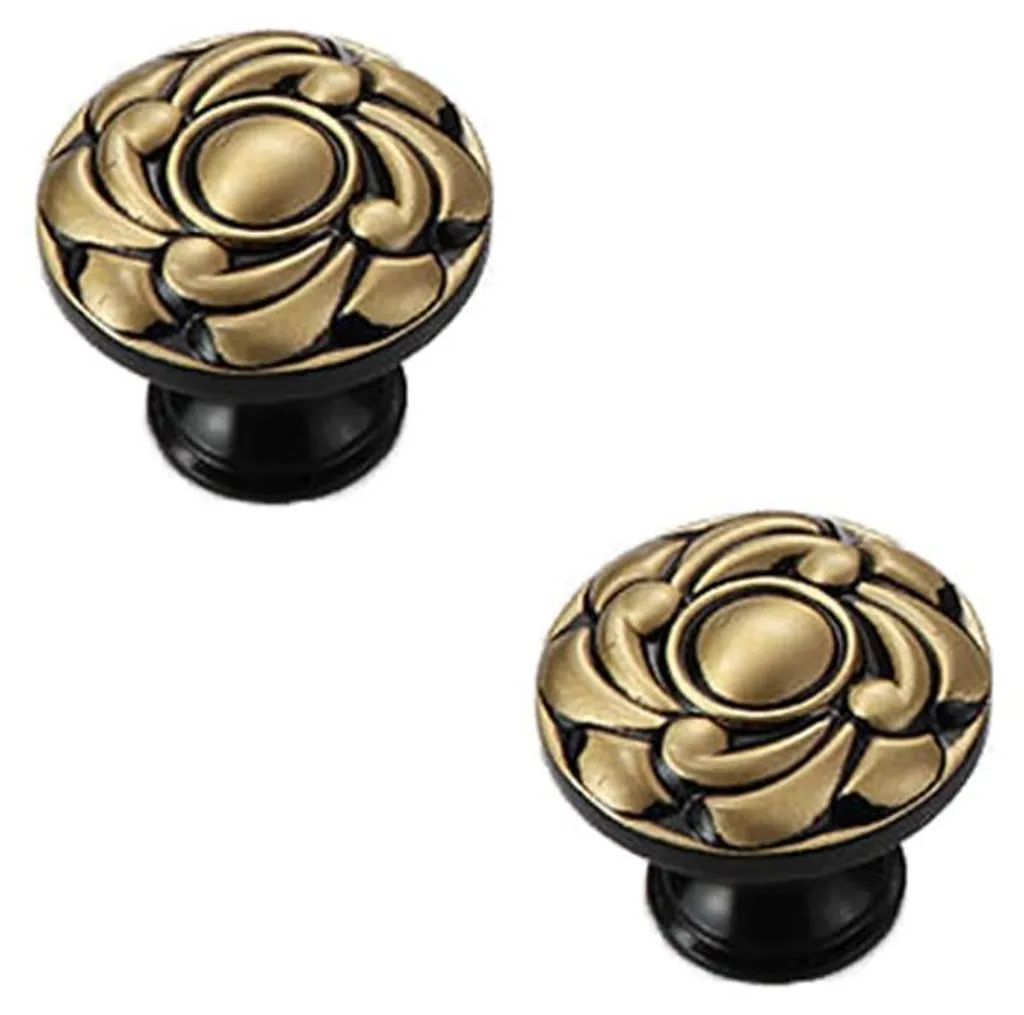 Lot de 2 boutons de meuble vintage en laiton noir et or floral 34mm
