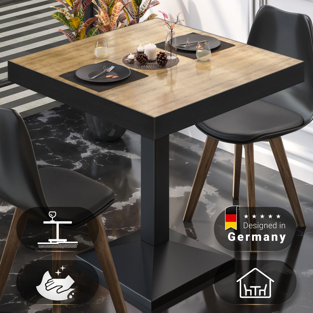 BPA | Bistro Tisch | Quadratisch | Schwarzer Rand | 70 x 70 x 81 cm | Eiche / Schwarz | Bistrotisch Gastro Tisch