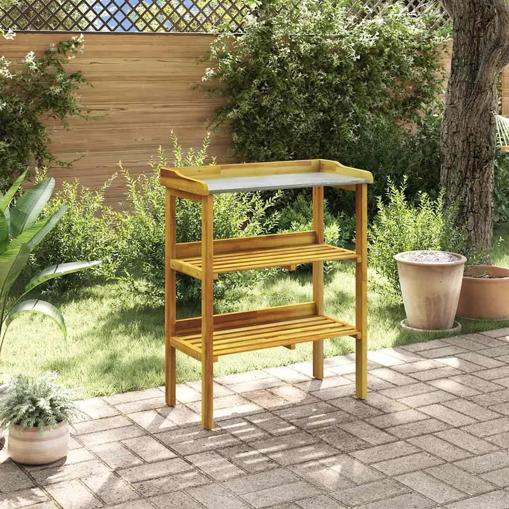 Console porte-plante 2 niveaux en bois d'acacia et plateau zinc gris