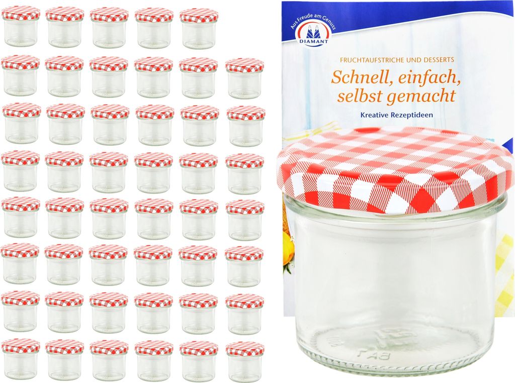 A set of small glass jars with red and white checkered lids, along with a booklet.