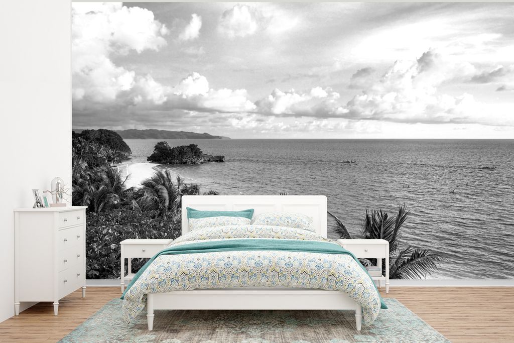 MuchoWow Fototapete für Wohnzimmer oder Schlafzimmer Wandtapete Vinyl Motivtapete Boracay mit Palmen auf den Philippinen - schwarz und weiß - 4...