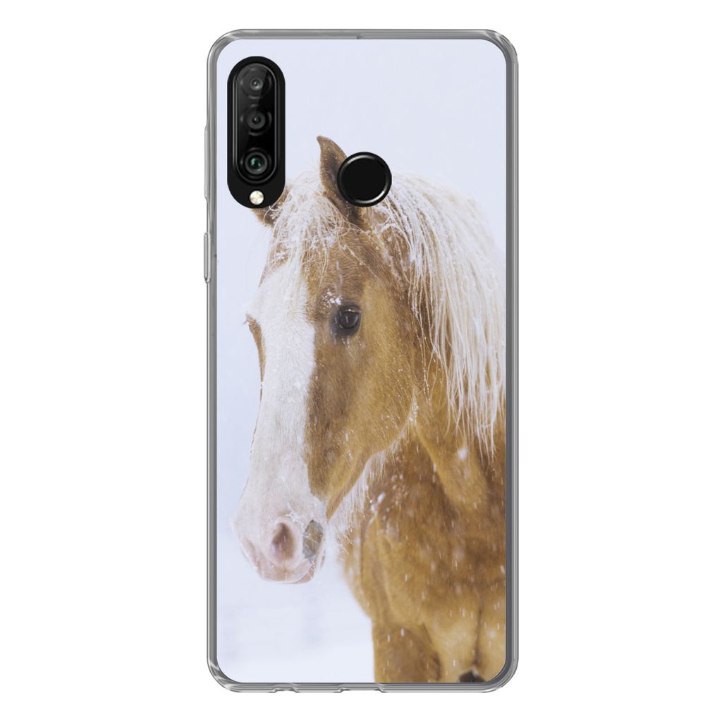 MuchoWow Handyhülle Schutzhülle Hülle für Huawei P30 Lite Pferd - Schnee - Winter Silikon Softcase Handy Hülle - Handyhülle