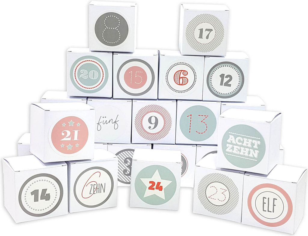 DIY Adventskalender Vorfreude zum Befüllen, 24 Faltschachteln weiß 7(L)x7(B)x7(H)cm (gefaltet), XL Ziffern pastell/Weihnachten, Aufkleber, Würfe...