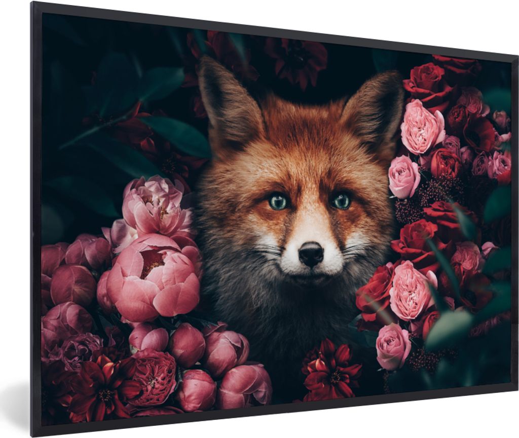 MuchoWow Gerahmtes Poster Fuchs - Blumen - Tiere 30x20 cm - Poster mit Schwarzem Bilderrahmen Wandposter Rahmen Foto Bilder - Kunstdruck - Bild-P...