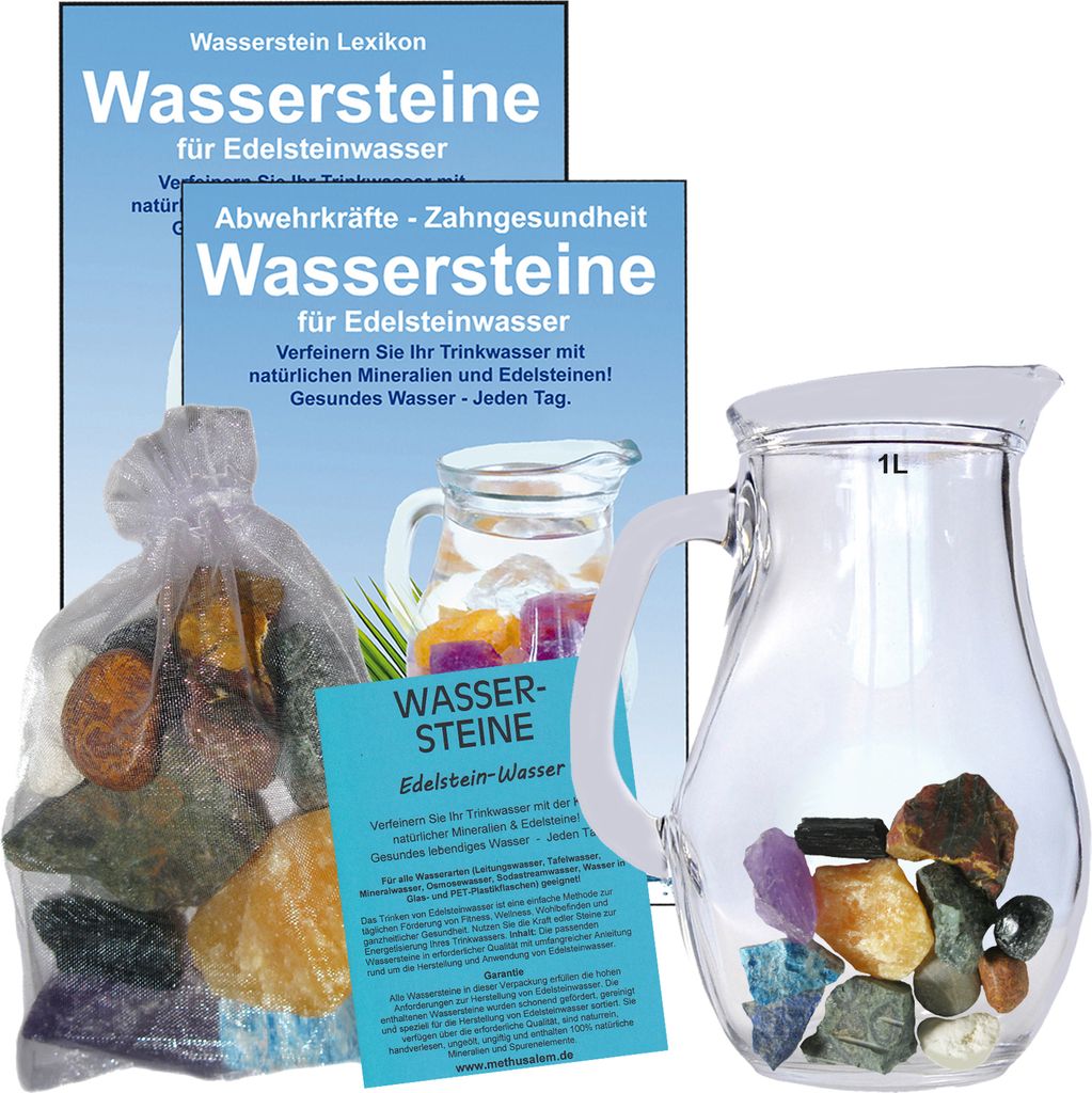 Edelstein Wasser Gehirn & Gedächtnis 5-tlg Set zum Wasser energetisieren + 1 Liter Glaskrug + Beschreibung