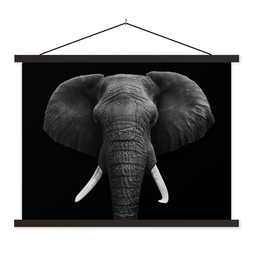 MuchoWow Textilposter Elefant - Wildtiere - Schwarz - Weiß - Porträt 150x113 cm mit schwarzem Rahmen - Wohnzimmer
