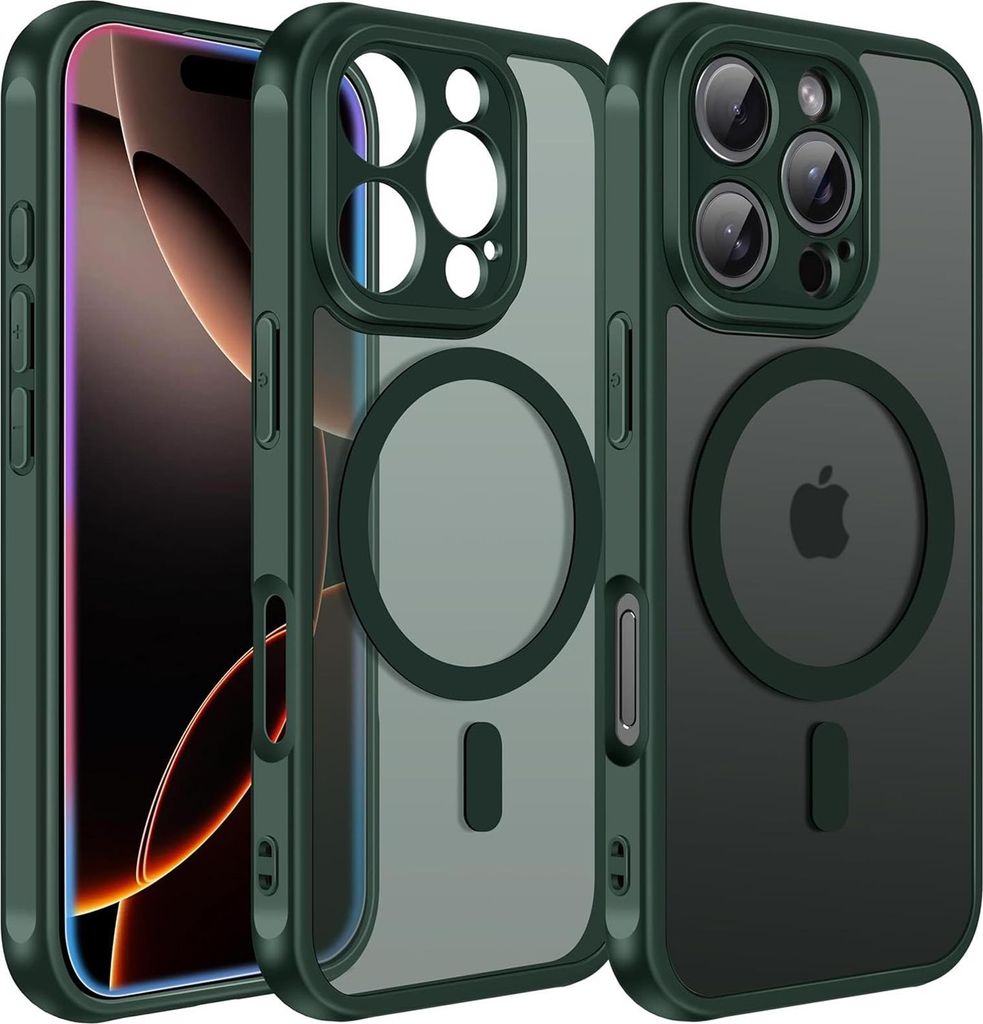 Magnet-Case für iPhone 16 Pro Hülle Magsafe Schutzhülle Stoßfest TPU-Rahmen starker Magnetring, Grün