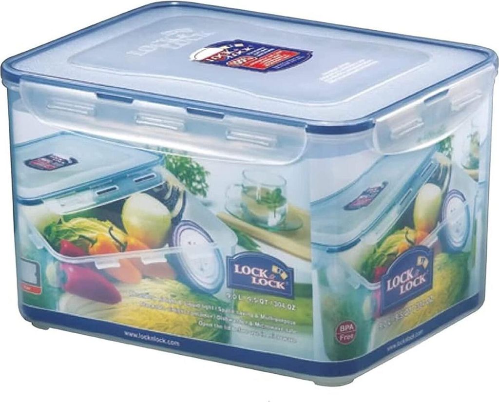 A LocknLock food storage container filled with fresh vegetables, shown from a slightly elevated front-left angle.